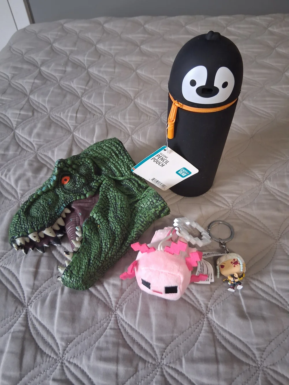 Assorted toys and pencil case for kids Minecraft keychain dinosaur puppet